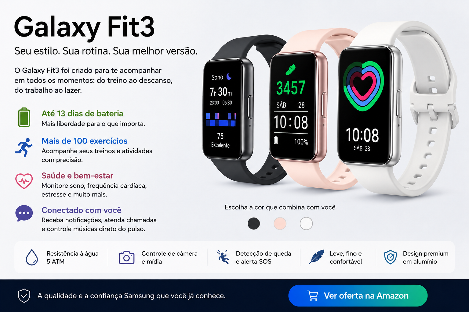 Galaxy Fit3 Samsung em diferentes cores